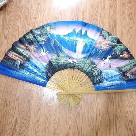 VINTAGE Large Fan 59x36 Handpainted Sky Scene Wal Art - Picture 4 of 16